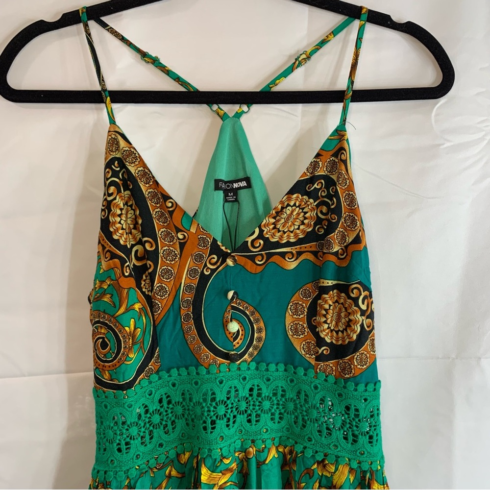 NWT Fashion Nova Holy Slit Spaghetti Strap Maxi Green Mixed Print Dress, size M - Picture 5 of 16
